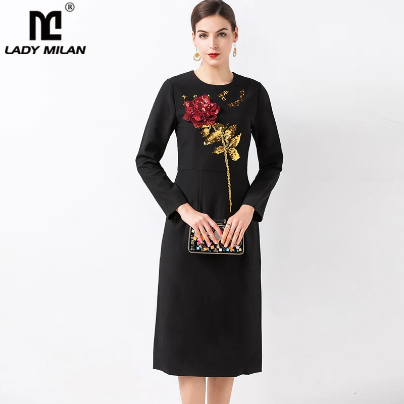 

2019 Autumn Women's O Neck Long Sleeves Sequined Appliques Roses Elegant Straight Fashion Runway Designer Dresses