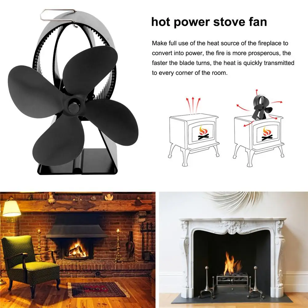 Black Stove Fan 4 Blade Fireplace Fan Heat Powered Wood Burner Eco Fan Friendly Quiet Home Efficient Heat Distribution