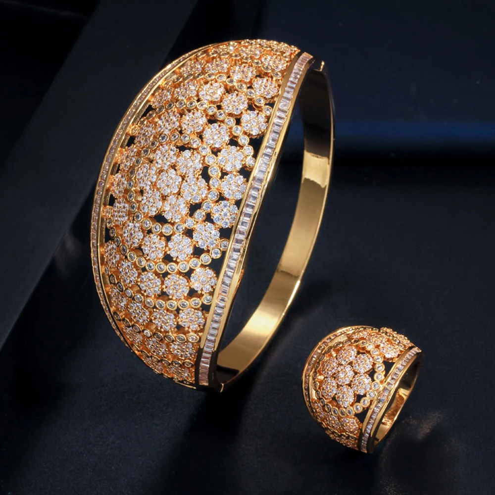 Yellow Gold ThreeGraces великолепный Дубай Золотой ювелирный браслет цветок циркония камень роскошный большой манжета браслет кольца Набор для невесты свадьба T0119 - Окраска металла: Yellow Gold