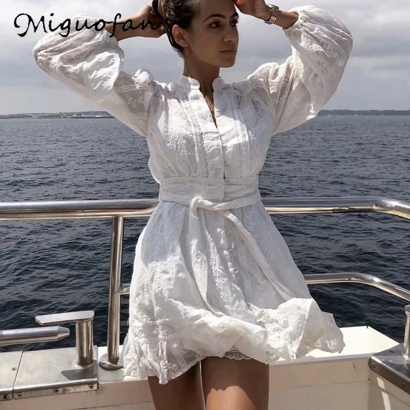 Miguofan, белое платье на шнуровке, женские винтажные платья на пуговицах, ремни, сексуальный v-образный вырез, оборки, фонарь, элегантное платье для женщин, vestidos