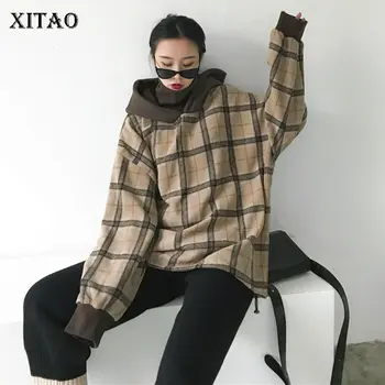 

XITAO Plaid Thick Hoodies Women Loose Hooded Collar Pullover Elegant Patchwork 2019 Autumn Drawstring Minority Hoodies WLD2995