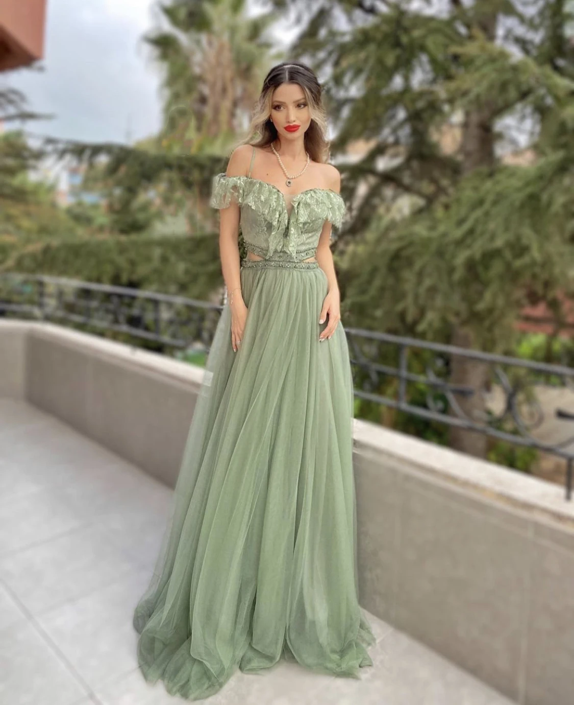 Sage Green Evening Dress A Line Sweetheart Off Shoulder Ruffles Tulle  Appliques Beads Floor Length Court Train Prom Gown New|Evening Dresses| -  AliExpress