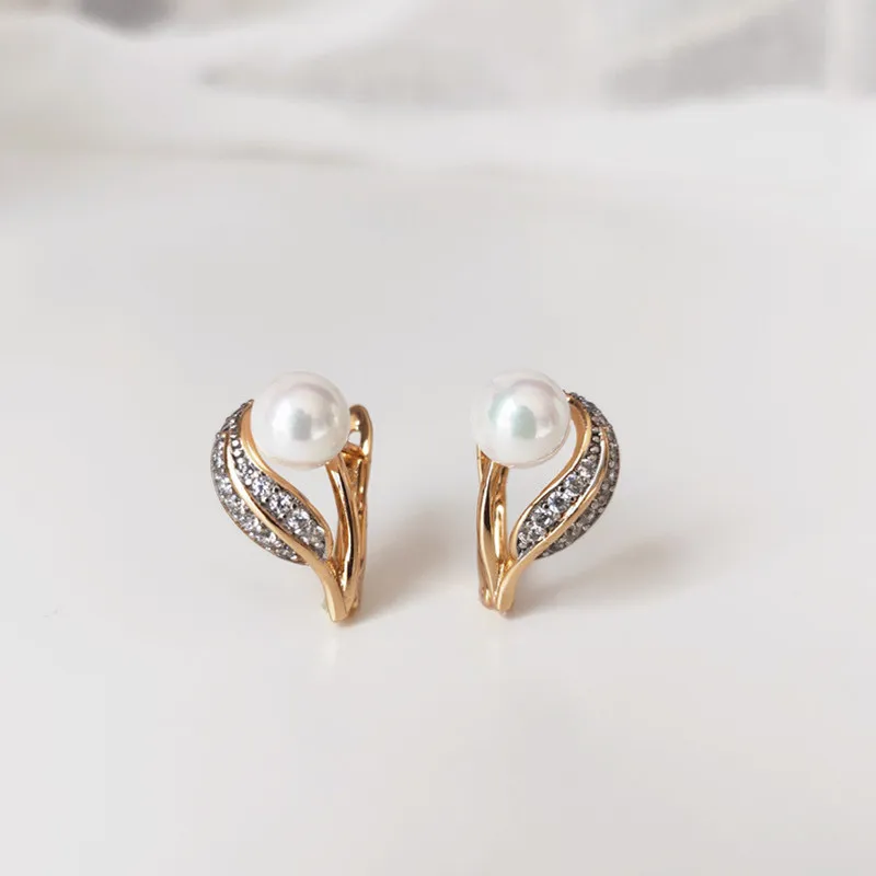 Серьги 585 розовое золото жемчуг инкрустированные ювелирные изделия подарок на