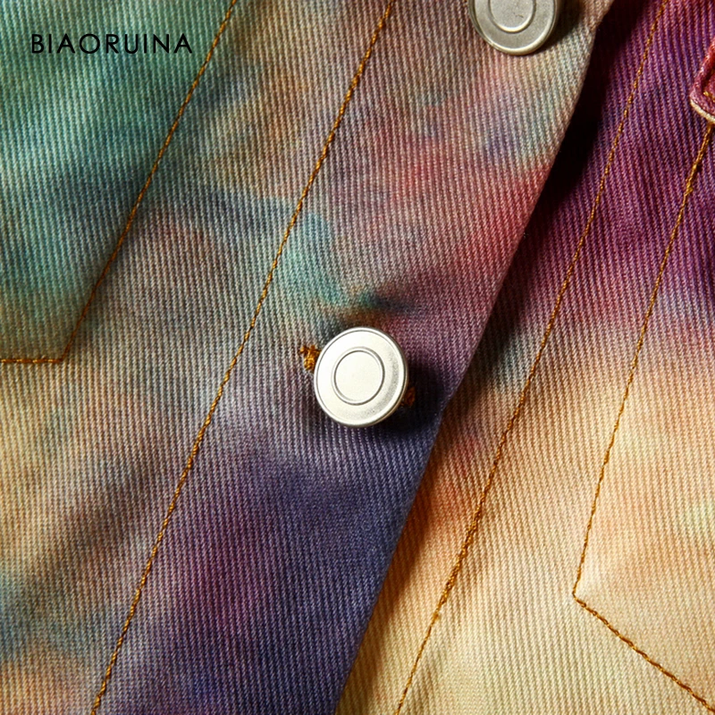 Most effective  BIAORUINA Women's Colorful Ink Printing Denim Jacket Coat Female Single Breasted Straight Coat Turn