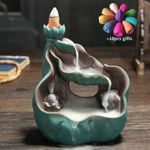 Зеленый лотоса Маленький Будда дерьмо рыбы курильница для благовоний горелки водопад Ладан держатель кадило Украшения дома и офиса+ 10 шт. конусов