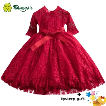 

New 2020 Lace Long Sleeve Dress For Children Wedding Party Prom Costume Red & White Floral Embroidered Girl Dresses Kids Clothin
