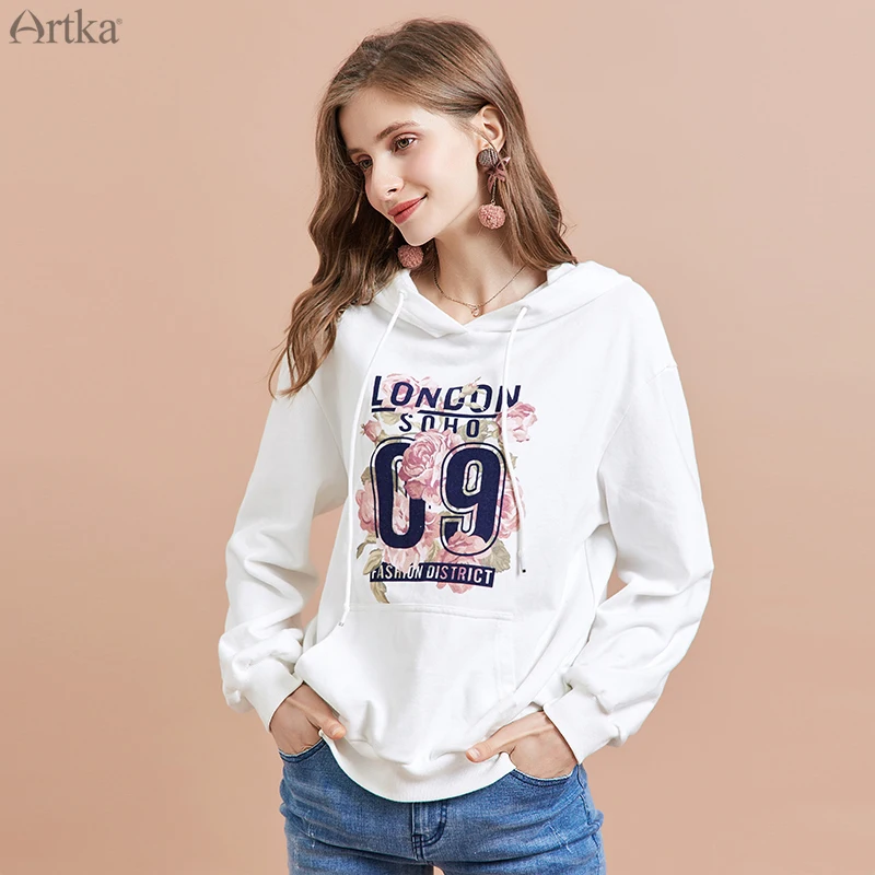 ARTKA осень новая Женская Толстовка хлопок модный принт толстовка с капюшоном пуловер с круглым вырезом повседневные толстовки для женщин VA10399Q