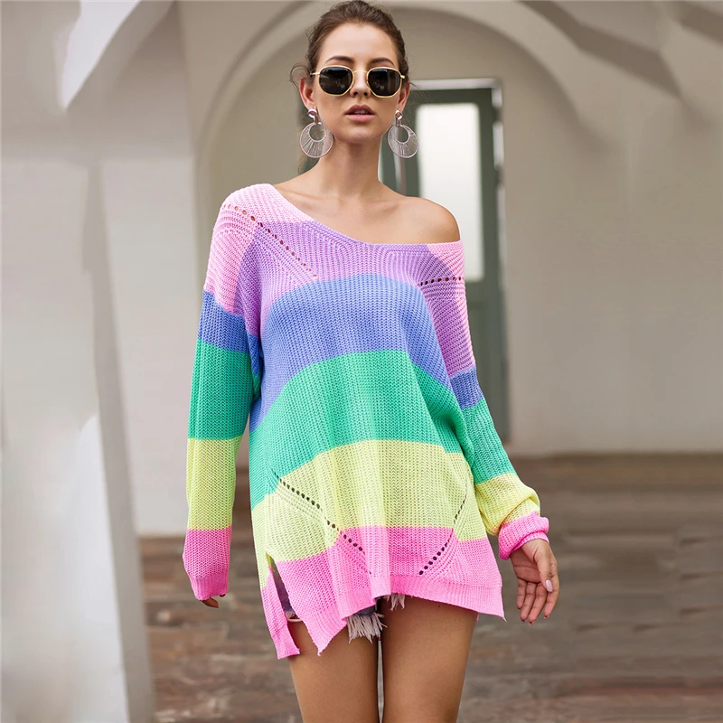 SHEIN Радуга Полосатый Падение плеча Длинный свитер женские топы осень уличная одежда с длинным рукавом V шеи негабаритных Сплит свитера