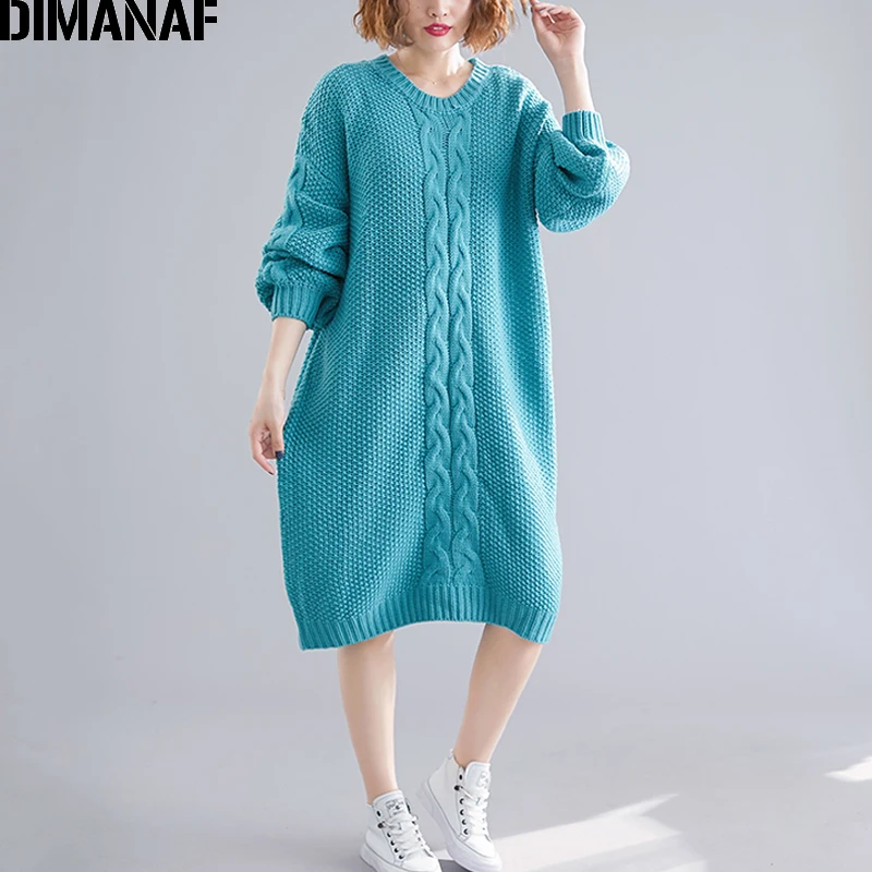 DIMANAF плюс размер женский зимний свитер вязаный плотный длинный рукав модный