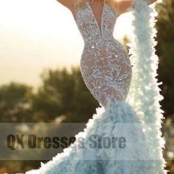 Night Blue Sky V-neck Prom Dress Exquisite Sequined Applique Mermaid Dress For Women  Floor Length Feather Long Party Gowns