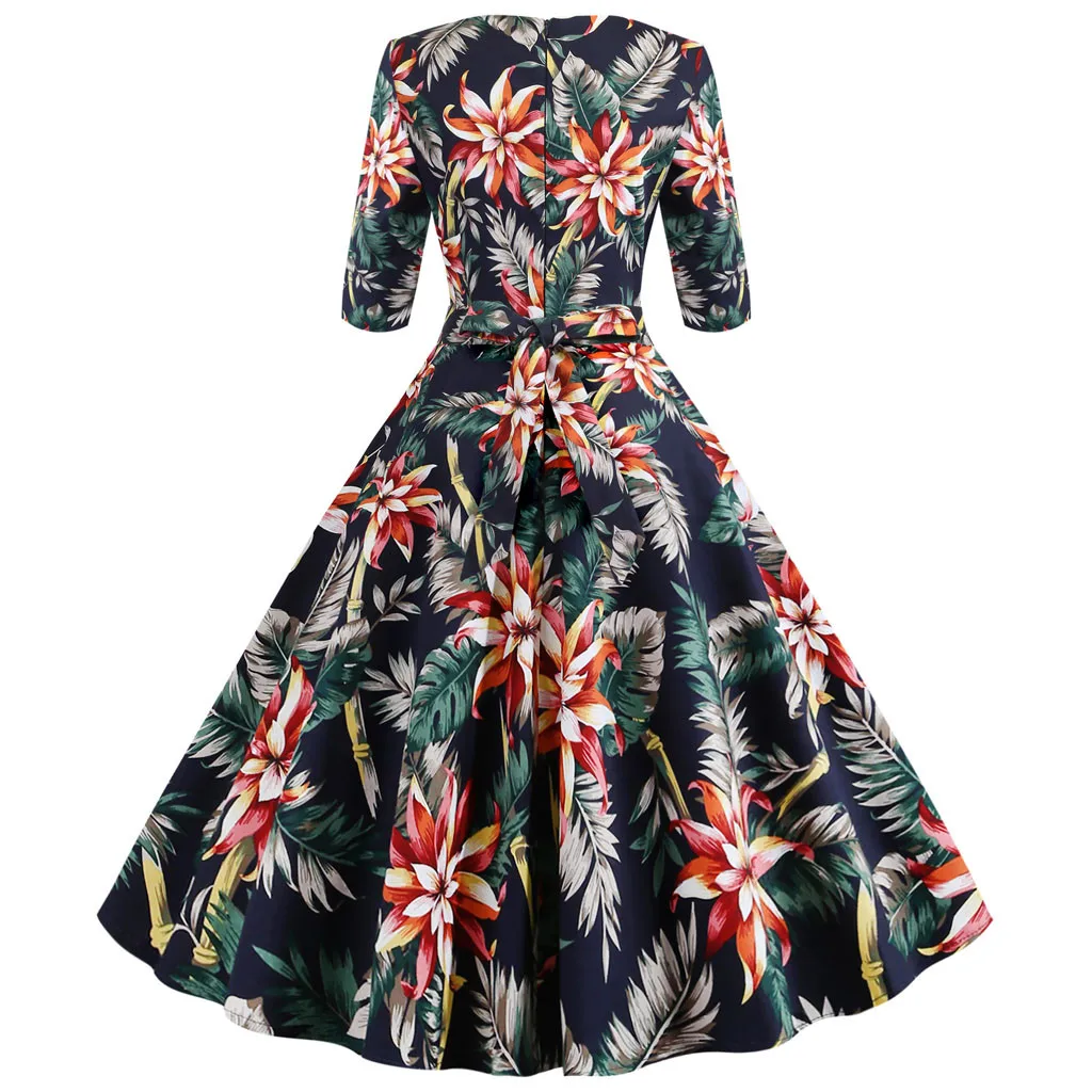 SAGACE Casual Comfortable Ladies Dress Women's Retro Floral Print Five-point Sleeve O-neck Long Summer Dresses Casual