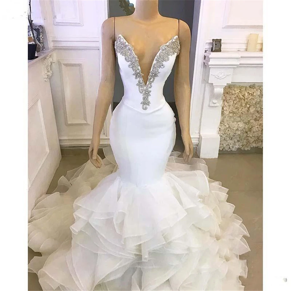 

Sexy Sweetheart Crystal Beaded Mermaid Wedding Dresses Slim 2020 Tiered Organza Bridal Gowns Lace Up Back Corset Vestidos