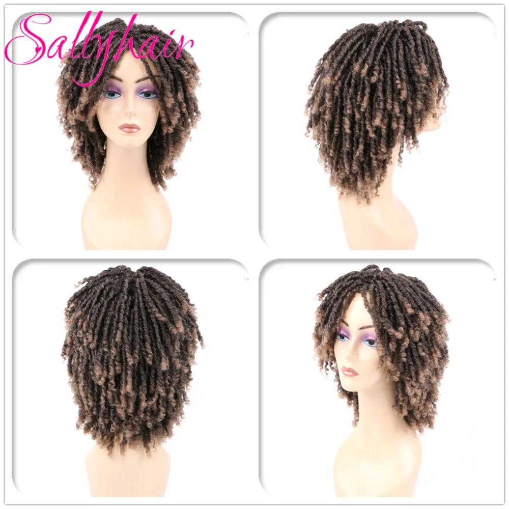 Dreadlock Hair Wig for Black Woman 14 inch Black Ombre Burgundy Brown Color Short Curly Faux Locs Braids Wigs (13)