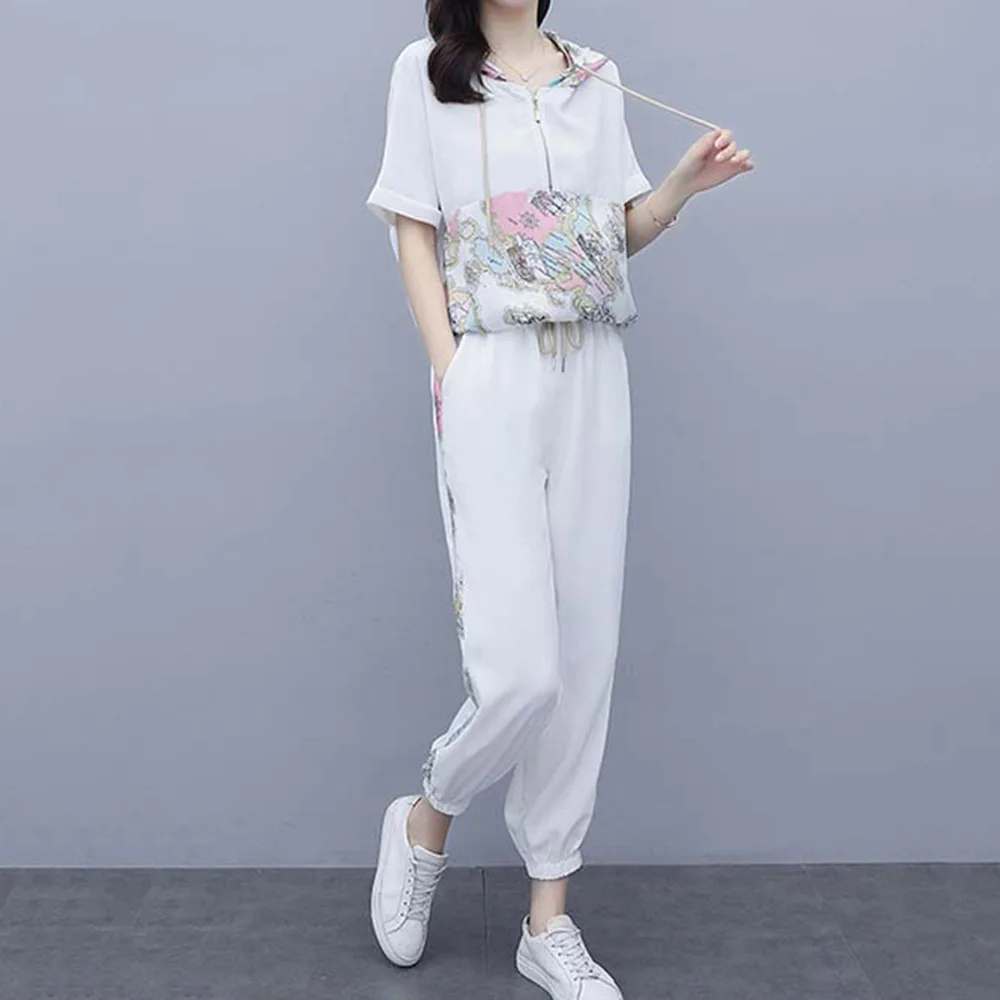 

Fashion Casual Suit 2020 Summer New Women's Fashion Korean Japanese Style Printed Hooded Casual Two-piece OL Suits Streetwear