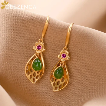 

Jasper Earrings 925 Sterling Silver Gold-plated Hetian Jade Flower Leaf Drop Earring Fine Jewelry For Women Vintage Trendy Gift