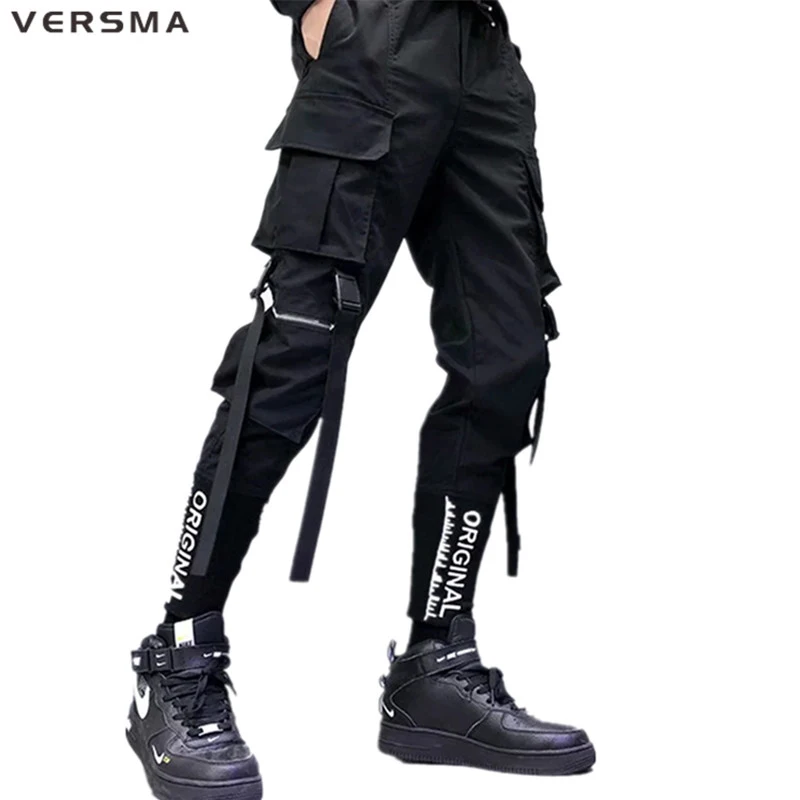 

VERSMA Hip Hop Streetwear Ribbon Patchwork Harem Pants Men Spring BF Casual Sweatpants Joggers Oversized Black Men Pencil Pants