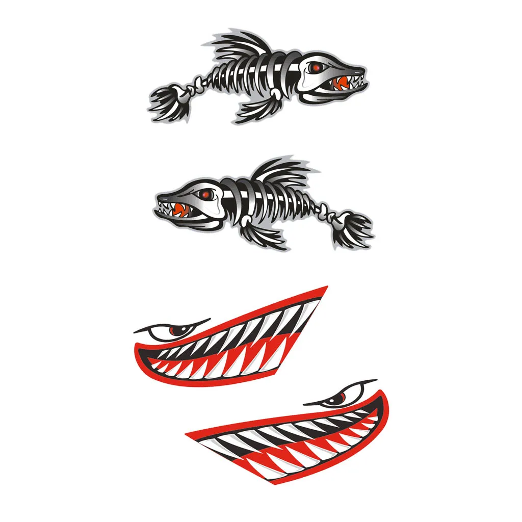 2 Pairs Shark Teeth Mouth Skeleton Fish Kayak Decals Boat Car Funny Stickers