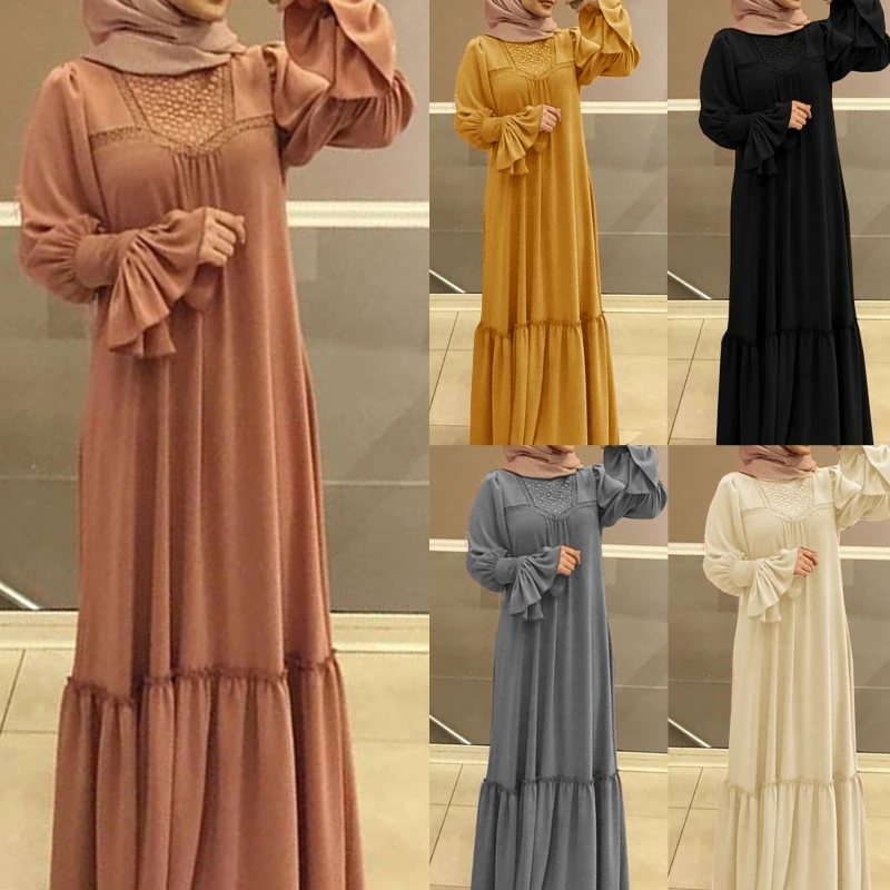 

Women Muslim Ruffles Flare Long Sleeve Maxi Abaya Dress Breathable Solid Color Causal Loose Turkey Dubai Kaftan church Robe