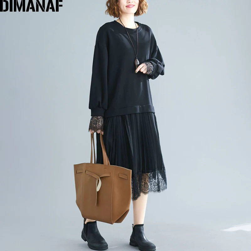 Najtaniej DIMANAF sukienka damska plus size z długim rękawem bawełna koronkowa, łączona Fashion Lady elegancka Vestidos ubrania damskie plisowana luźne, jesienne