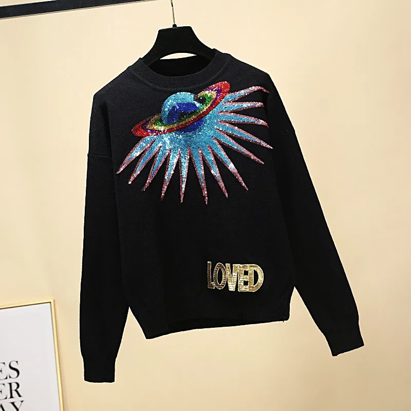 Брендовые дизайнерские женские черные свитера с блестками, пуловеры для подиума, с длинным рукавом, вязаный свитер, джемпер, одежда - Цвет: Black