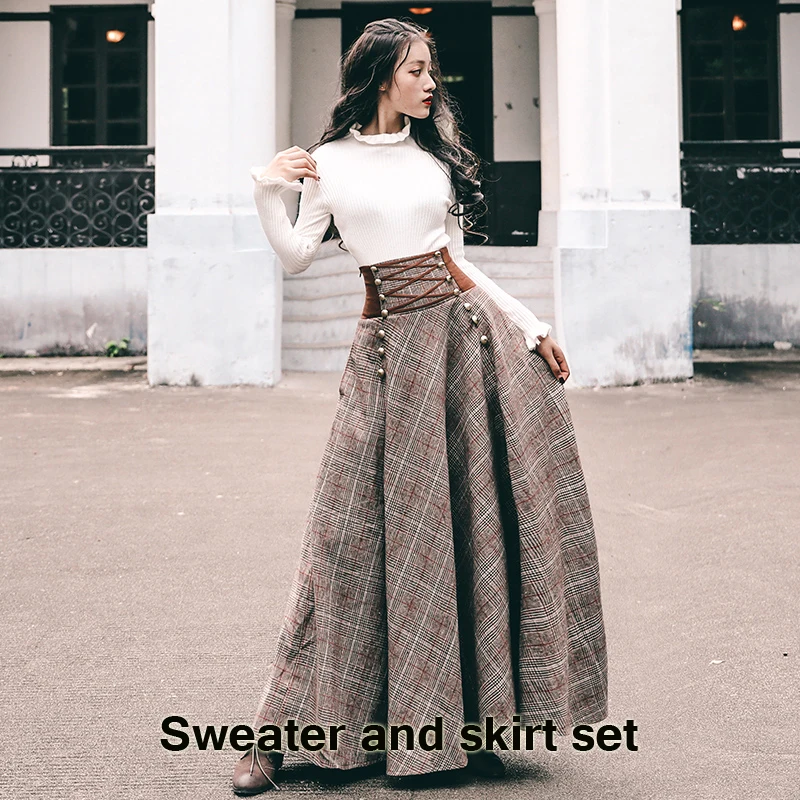 sweater skirt set YOSIMI, осенне-зимний комплект юбки и свитера, блуза с длинным рукавом, топ и шерстяная клетчатая юбка и топ, комплект женской одежды из двух предметов - Цвет: sweater skirt set