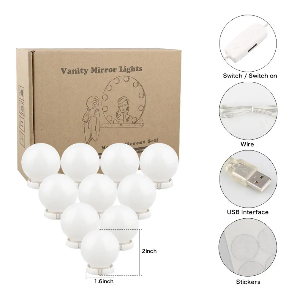 LED Light Bulb Makeup Mirror Lights 12V USB 10 Led Vanity Dimmable Light Makeup Vanity Table Set Li