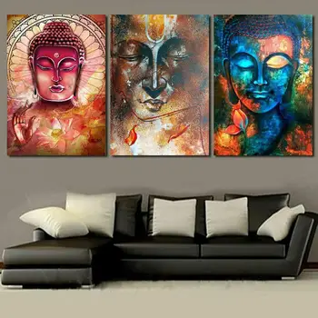 

100% Handmade 3PC Head of Buddha Oil Painting ART On Buddhist Abstract Zen Buddha Face