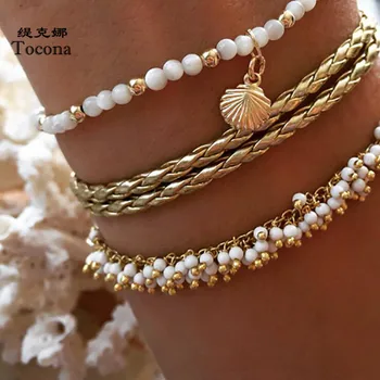 Tocona 3pcs/sets White Beaded Anklets for Women Gold Scallop Shell Rope Feet Bracelets Barefoot Sandals Summer Jewelry 8408