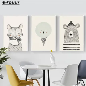 

Nordic Hand-painted Fox Bear Cute Painting Art Decor Picture Nursery Kids Room Sofa Wall Decor Quality Canvas Poster Home Decor
