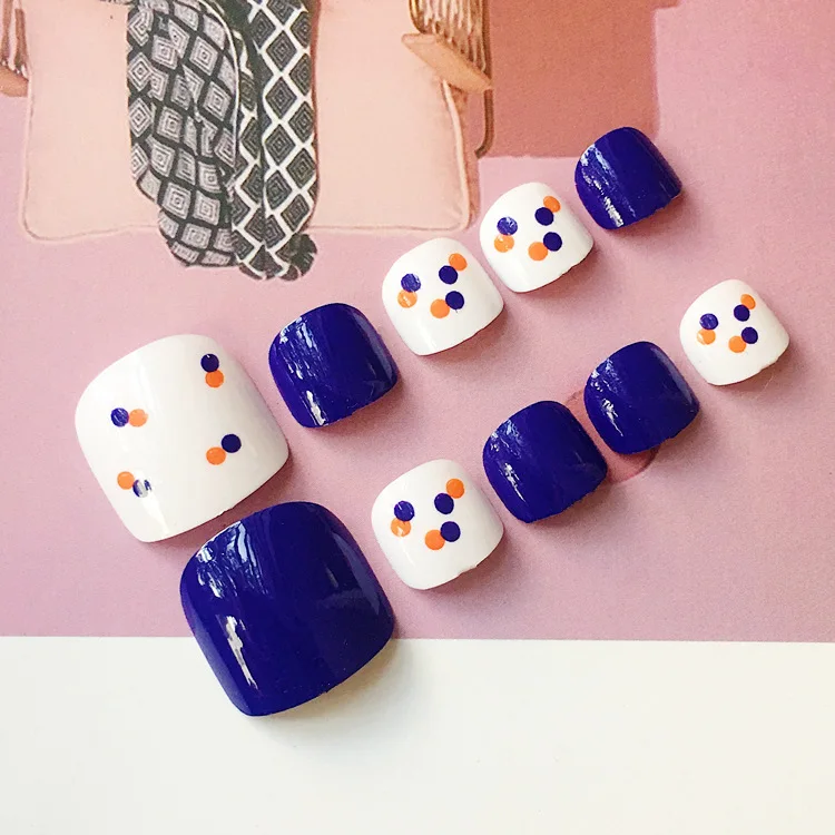 J-03 Deep Blue-orange Point Cartoon Summer Day Toenails Glue Nail Sticker Nail Tips Fake Nails Toenail