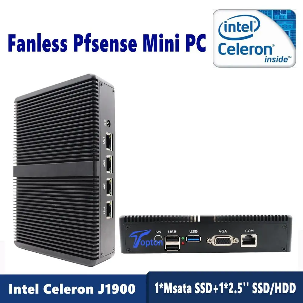 Topton безвентиляторный Pfsense мини-ПК Intel Celeron J1900 4* Lan 1* RJ45 межсетевой маршрутизатор 24 часа работы USB 3,0 VGA с кронштейном VESA