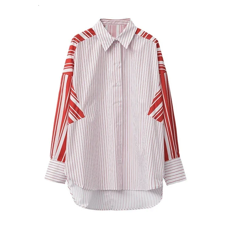 [EWQ] Autumn New Pattern Lapel Long Sleeve Striped Patchwork Single Breasted Casual Loose Shirt Women Blouse Femals AG493