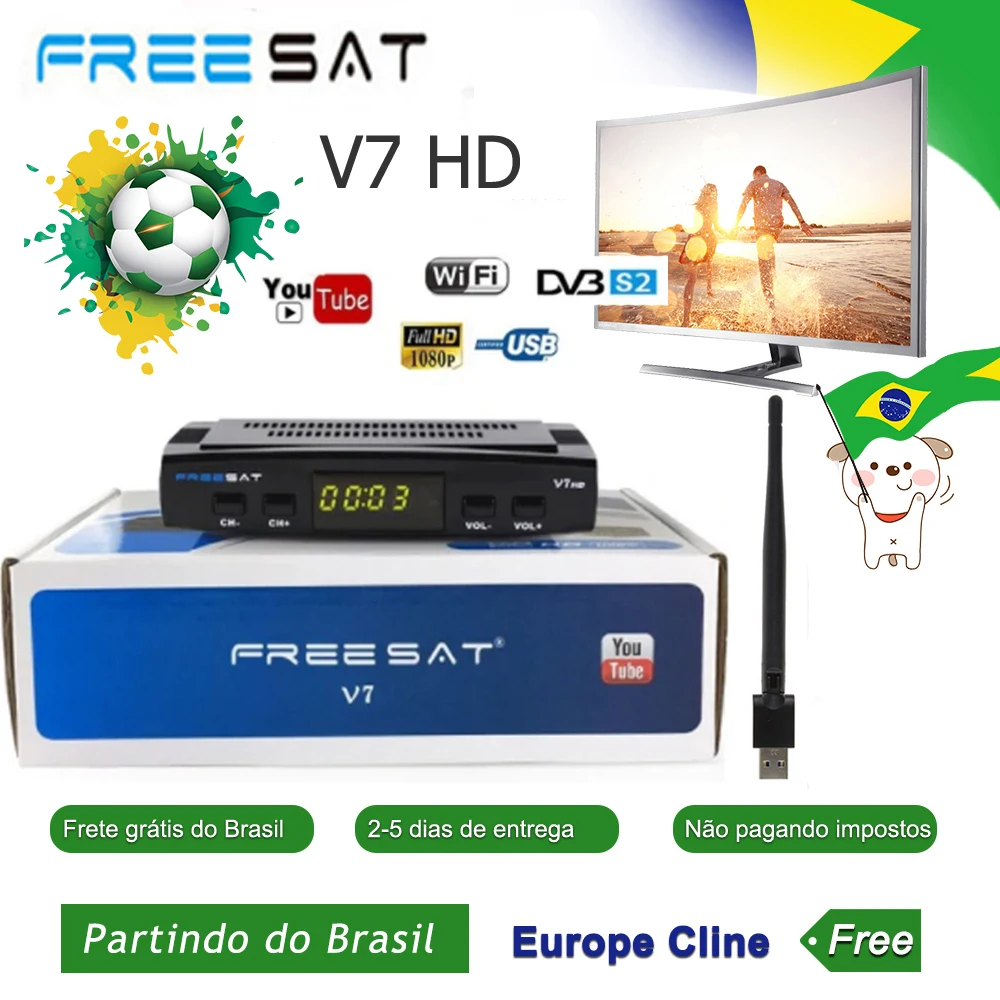 Receptor de Satélite com Usb Navio do Brasil Freesat Wifi Europa Cccam Cline Itália Reino Unido Completo Dvb-s2 – s tv Satélite Decodificar v7 hd