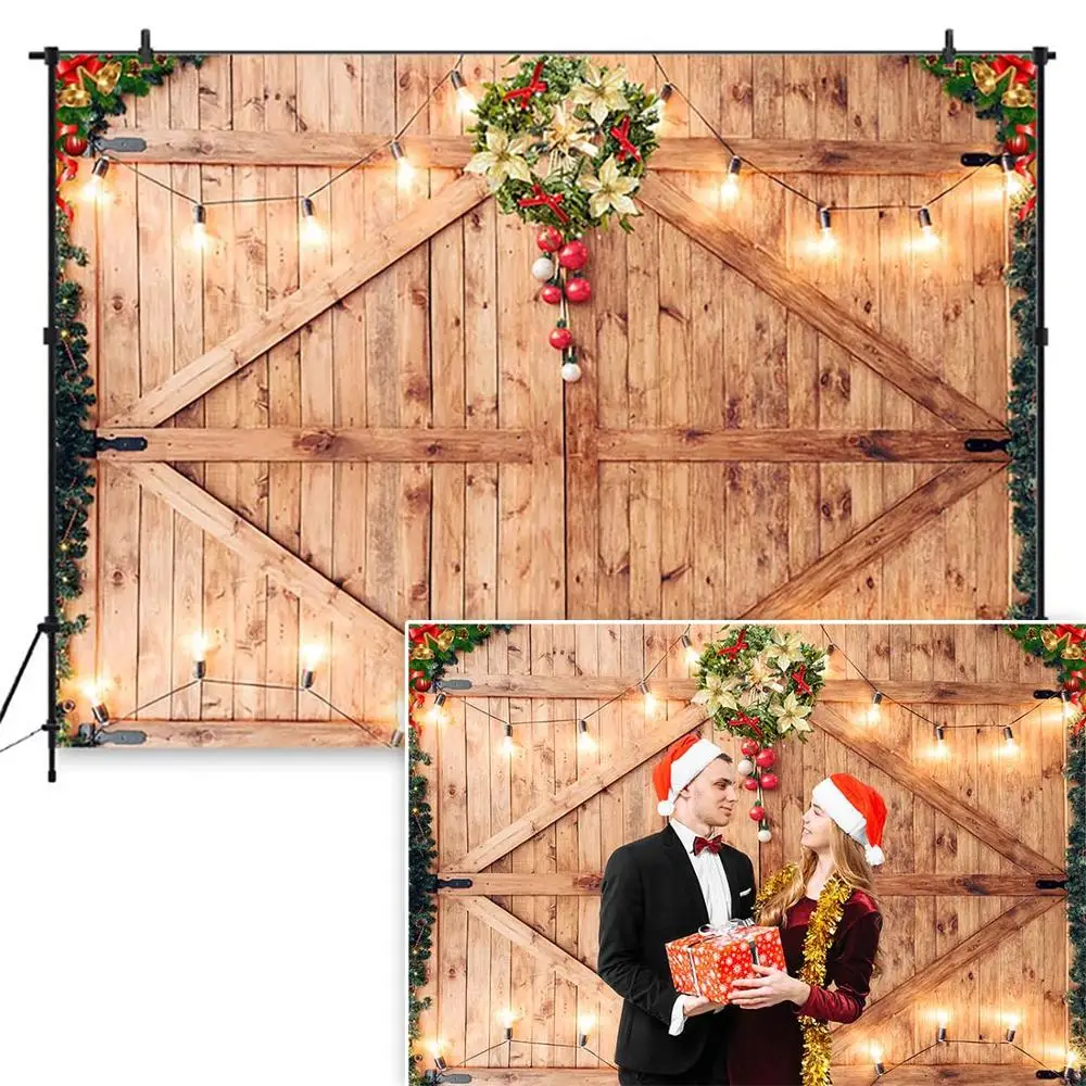 OUYIDA 8X6FT Christmas Barn Door Backdrop for Photography Merry Xmas Wood Texture Board Wall Floor Party Background Holiday Baby Decorations Vinyl Photo Booth Background Studio Prop CEM21B