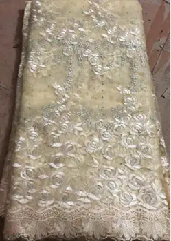 

african lace fabric 2020 high quality lace Fabric With Embroidery Mesh Tulle Lace Fabric Nigerian Lace NLL1001 cream-coloured