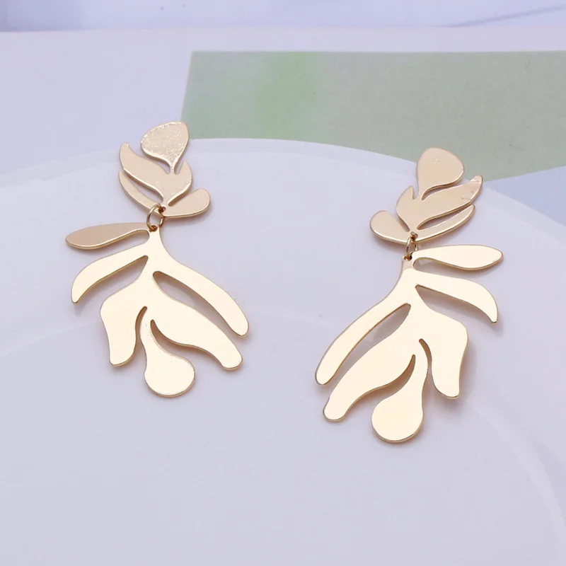 

EK257 European Brand Vintage Irregular Geometric Metal Leaf Drop Earrings Boho Long Big Leaves Earring Simple Indian Jewelry