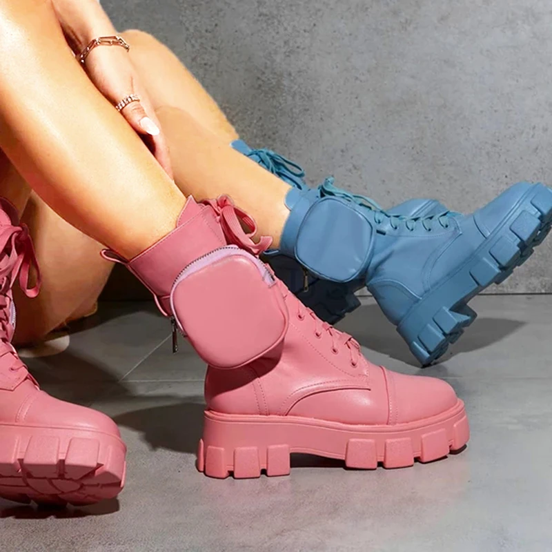 Compra Botas con cordones de bolsillo para mujer, botines femeninos, botas  del ejército de combate, botas cortas con cremallera, zapatos de plataforma  para mujer en la tienda en línea Ryanshoes Store a