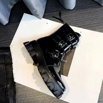

Women Street Platform Ankle High Quality Buckle Belt Genuine Leather Moto Biker Boots Fashion Winter Height Increased Boot