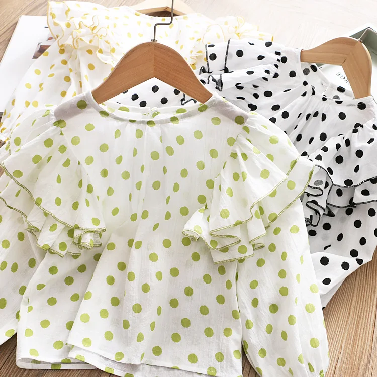 Owligbaby/Новинка года; стильная рубашка в горошек с оборками для девочек; Весенняя хлопковая модная блузка для девочек; Размеры 3-8t