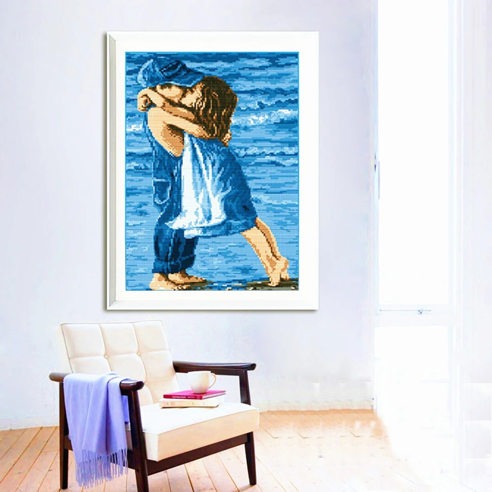 Handmade Art DIY Embroidery Cross Stitch Needlework Printed Kiss Embrace Sea Childhood Cross-Stitching sets Home Decoration