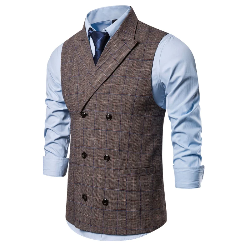 Brand Men's Waistcoat Fashion Retro Tweed Vests Classic Sleeveless Plaid Suit Vest British Style Double Breasted Gilet