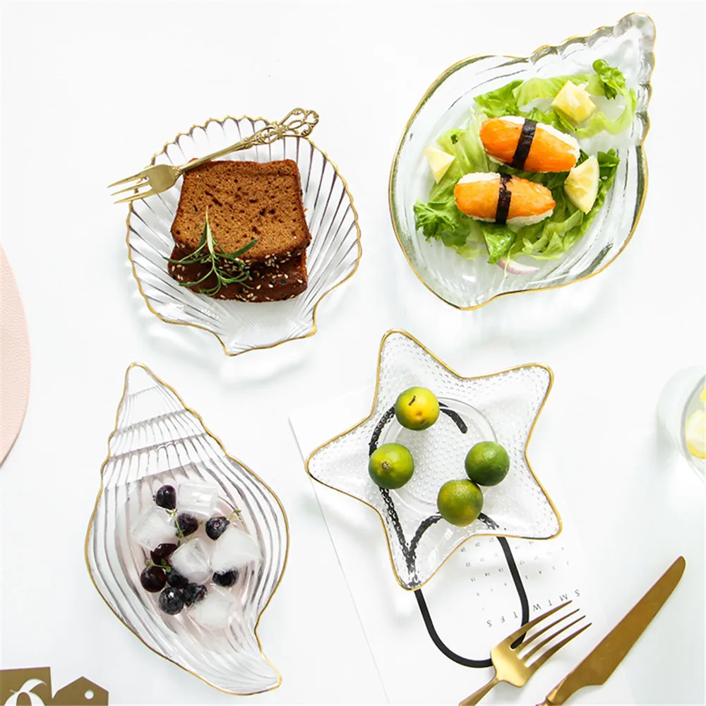 

Creative Star Shell Glass Plate Gold Side Crystal Transparent Dish Salad Snack Fruit Plates Christmas Home Kitchen Decoration