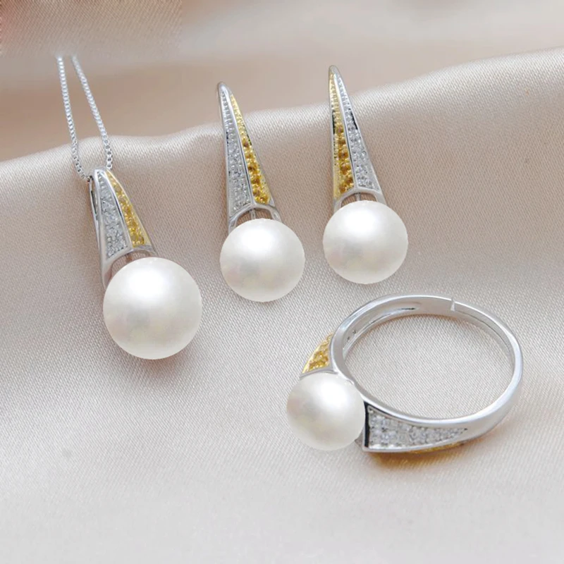 MeiBaPJ Настоящее серебро 925 проба Простой Модный Ювелирный Набор натуральный коврик жемчужный кулон кольцо серьги Свадебные украшения для женщин - Цвет камня: White pearls