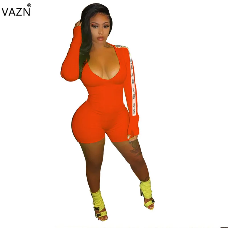 Оранжевый VAZN SN4742 Hot 3colors Sale Summer Casual Full Sleeve Jumpsuits Sexy V-neck Zippers Jumpsuit Club Full Pant Elegant Rompers - Цвет: Оранжевый