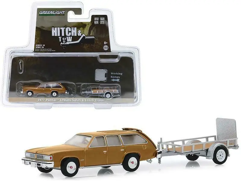 GL 1: 64 1977 Pontiac LeMans Safari Gold and Utility Trailer модель автомобиля литая под давлением металлическая игрушка подарок на день рождения для детей мальчика