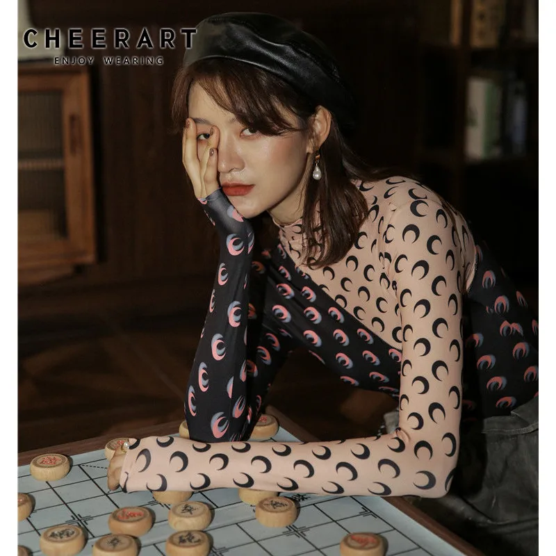 CHEERART Дизайнерская футболка с принтом Луны, женская футболка с высоким воротом и длинным рукавом, топ с цветными блоками, футболка, нижнее белье, одежда