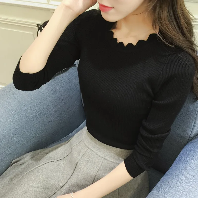 2020 Autumn Winter Thin Top Low Round Neck Knit Sweater Slim Pullover Women Short Long Sleeve | Женская одежда