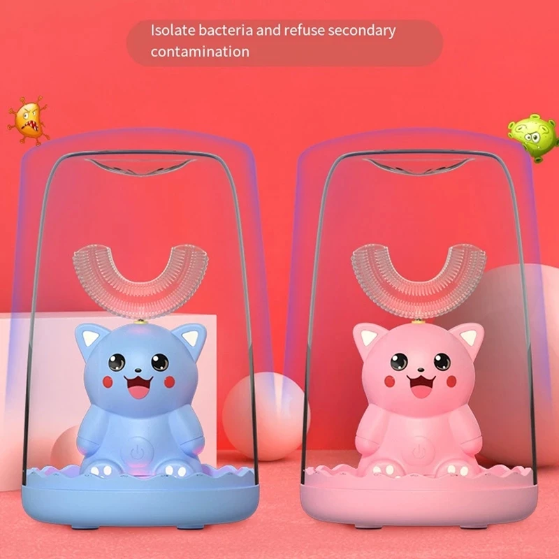 Cepillo de dientes eléctrico inteligente de silicona para chicos, ultrasónico, automático, con patrón de dibujos animados en forma de U, 360 grados