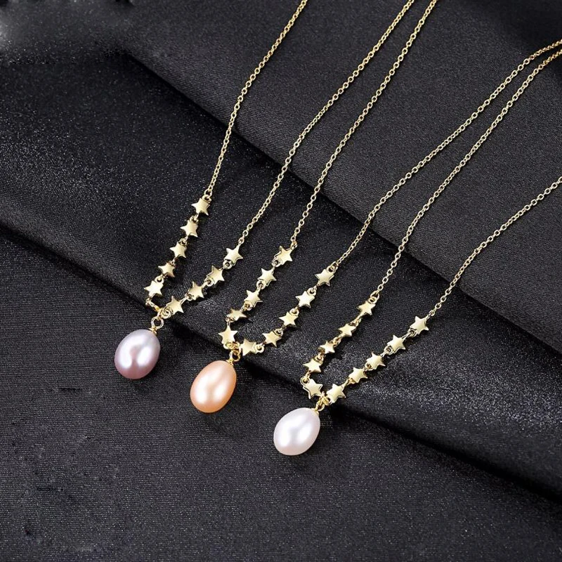 

[MeiBaPJ]Real Freshwater Pearl Simple Personality Golden Star Pendant Necklace 925 Solid Silver Fine Jewelry for Women