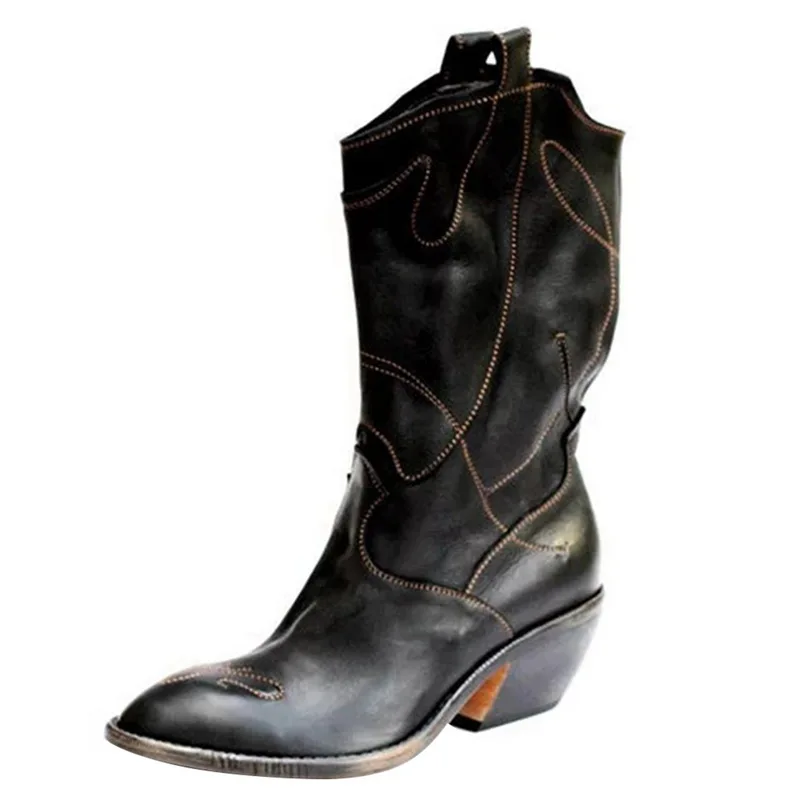 ADISPUTENT Women Med Square Heels Stretch Shoes American Mid-boots Winter Boots Female Pointed Toe PU Leather Boots